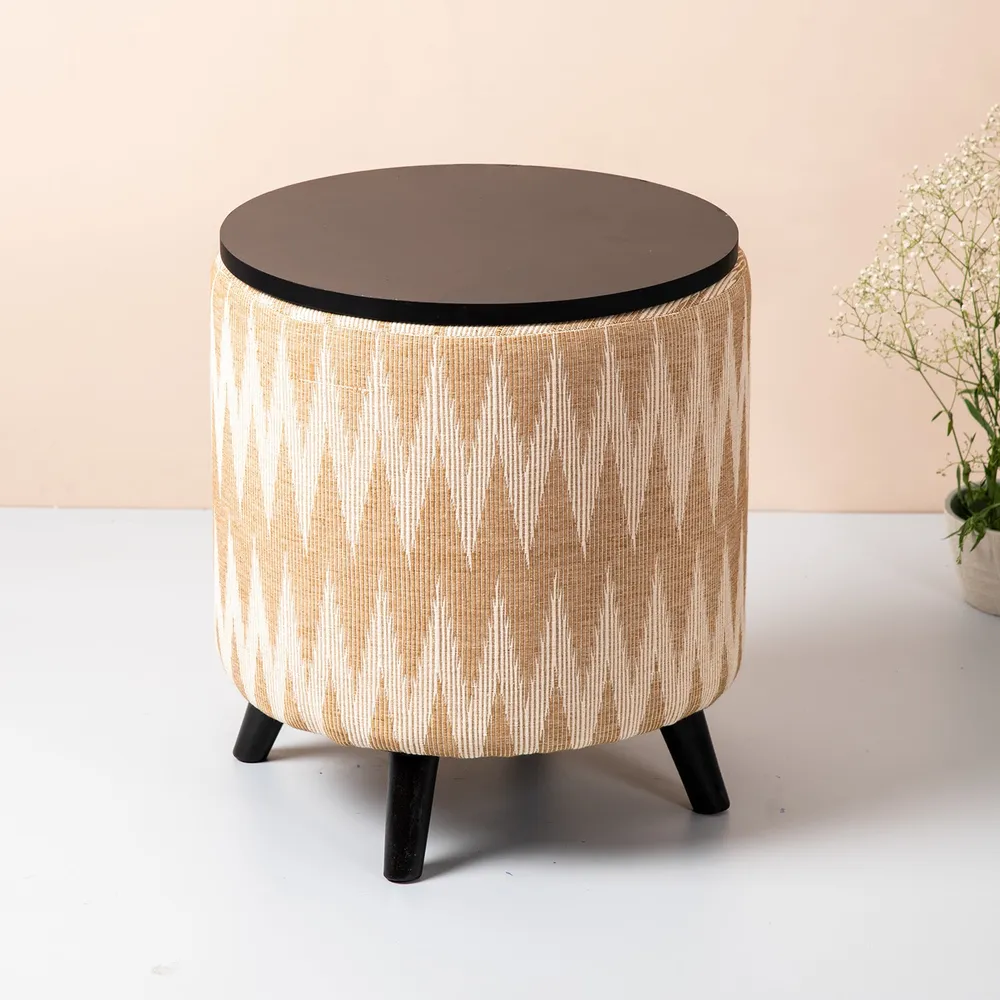 Beige and Cream Ikat Print Woven Jacquard Storage Ottoman Wood Stool