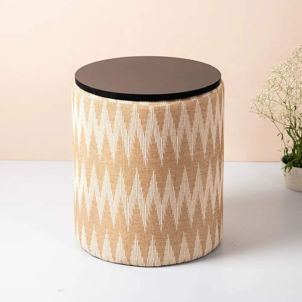 Beige and Cream Ikat Print Woven Jacquard Storage Ottoman Wood Stool