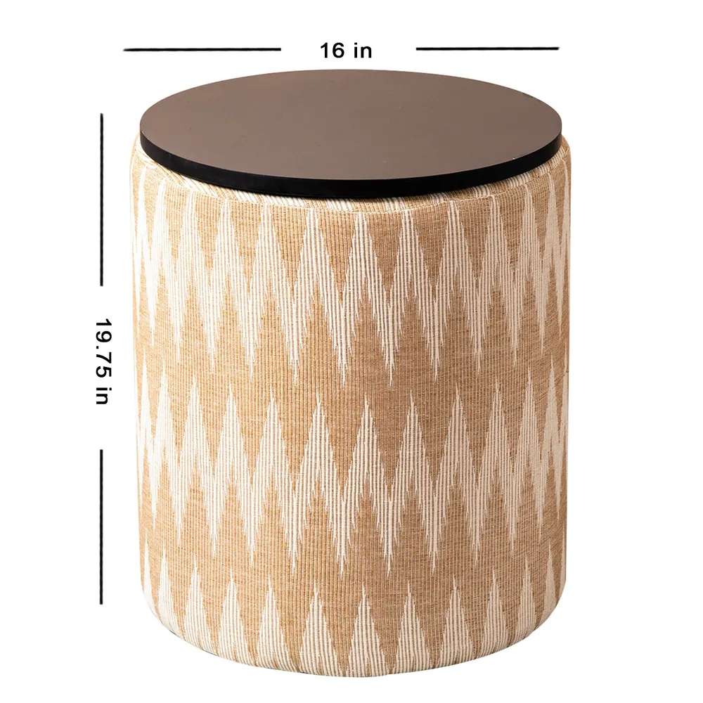 Beige and Cream Ikat Print Woven Jacquard Storage Ottoman Wood Stool