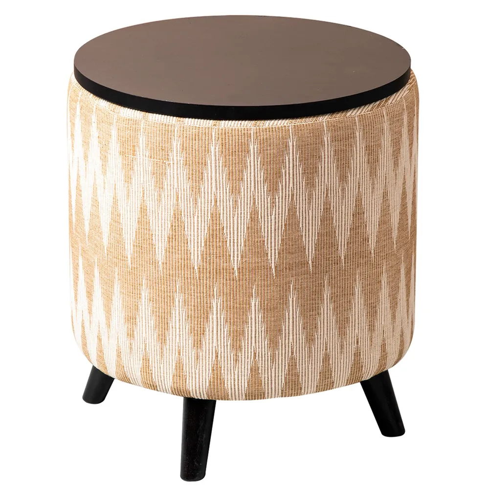 Beige and Cream Ikat Print Woven Jacquard Storage Ottoman Wood Stool