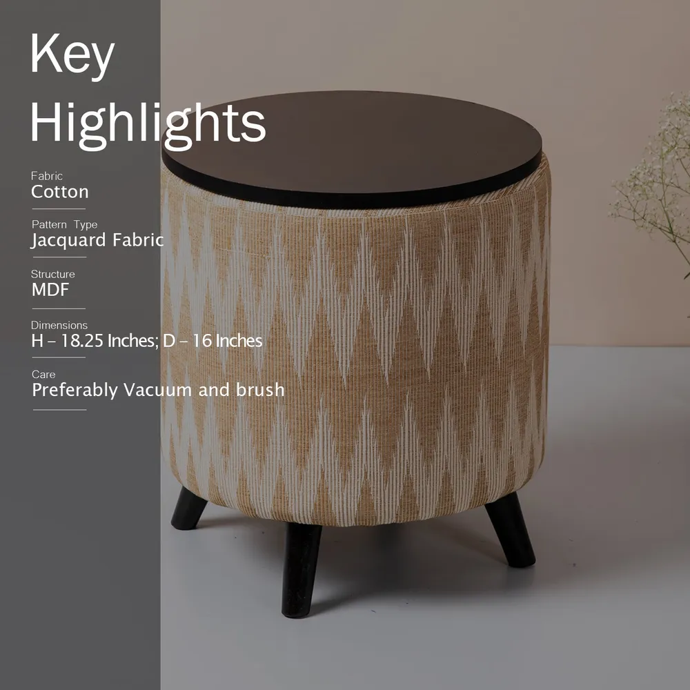 Beige and Cream Ikat Print Woven Jacquard Storage Ottoman Wood Stool