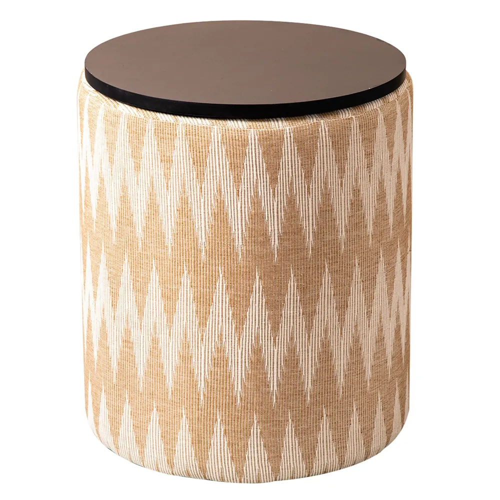 Beige and Cream Ikat Print Woven Jacquard Storage Ottoman Wood Stool