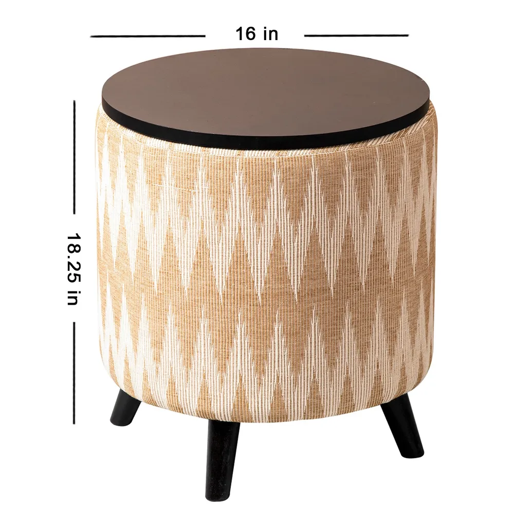 Beige and Cream Ikat Print Woven Jacquard Storage Ottoman Wood Stool
