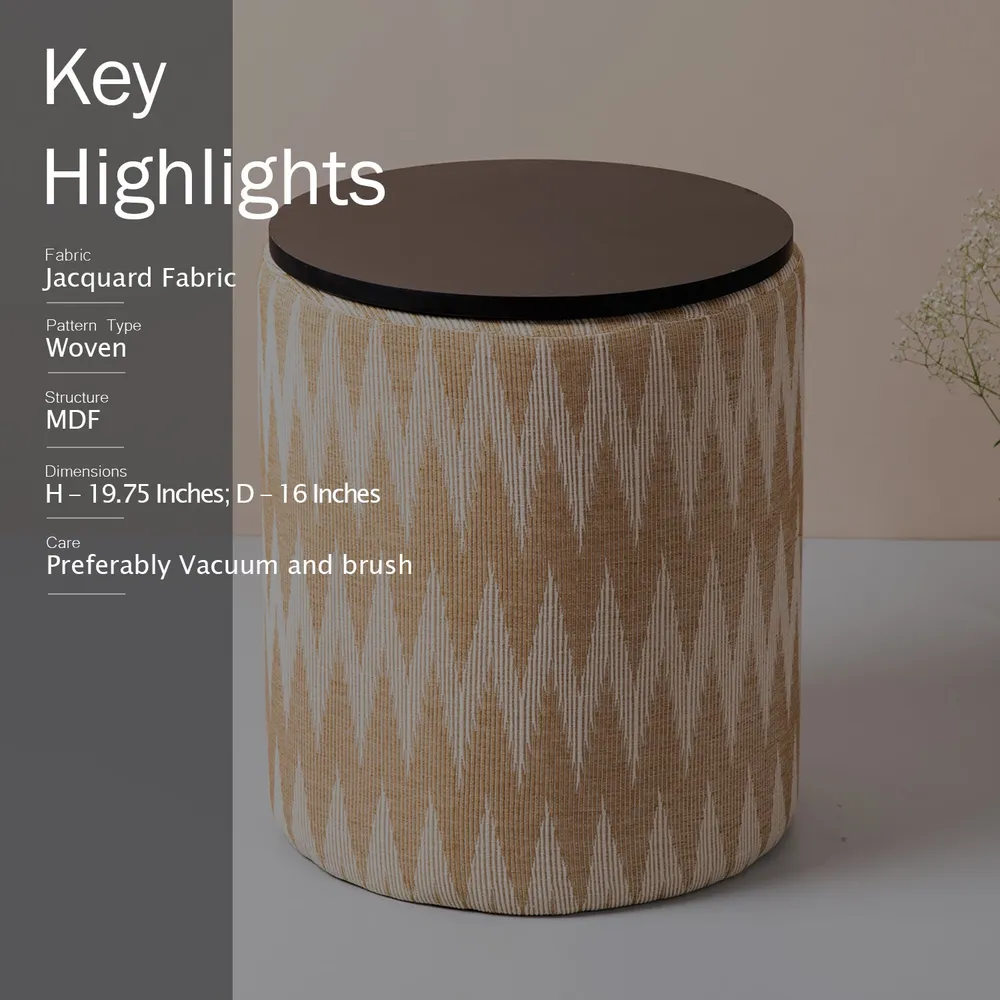 Beige and Cream Ikat Print Woven Jacquard Storage Ottoman Wood Stool