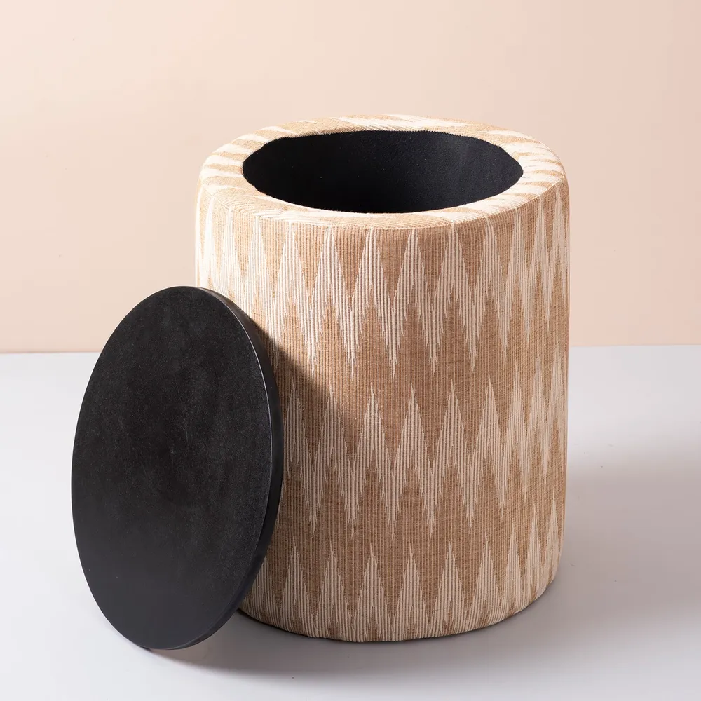 Beige and Cream Ikat Print Woven Jacquard Storage Ottoman Wood Stool