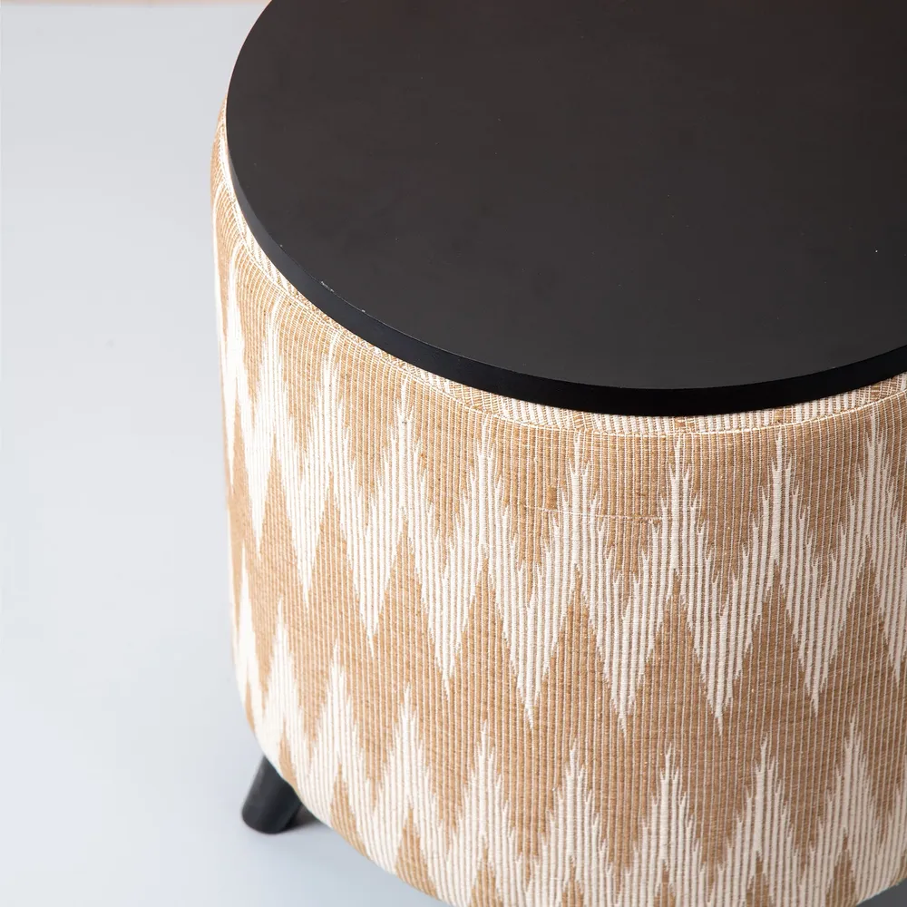 Beige and Cream Ikat Print Woven Jacquard Storage Ottoman Wood Stool