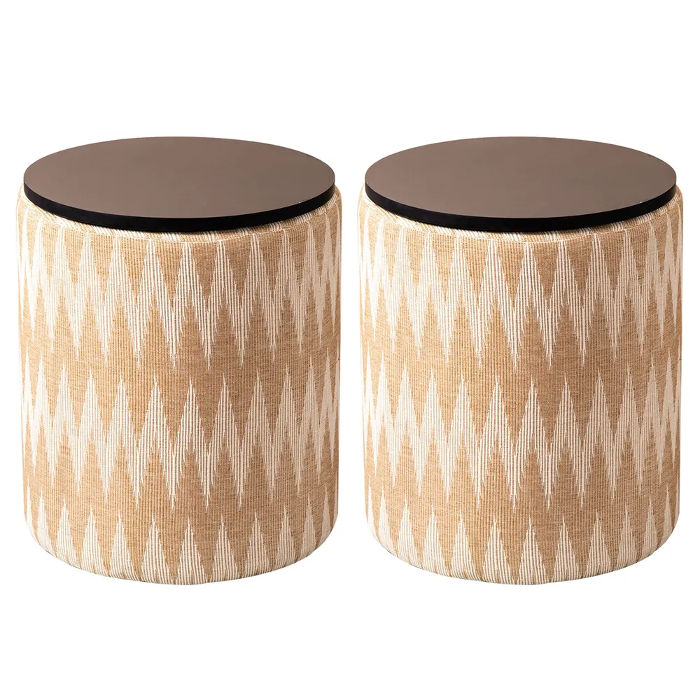 Beige and Cream Ikat Print Woven Jacquard Storage Ottoman Wood Stool