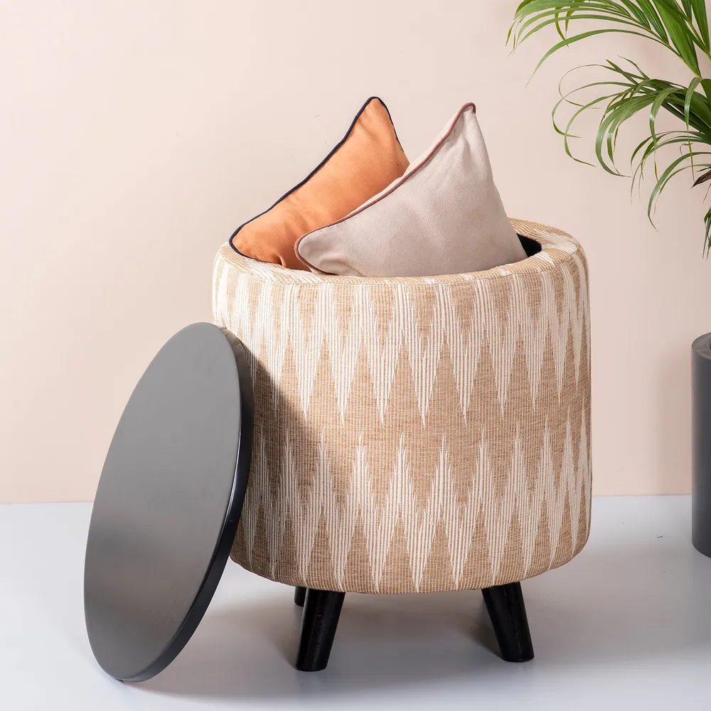Beige and Cream Ikat Print Woven Jacquard Storage Ottoman Wood Stool