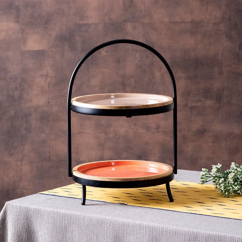 Beige and Orange Plated 2 Tier Metal Buffet Organizer