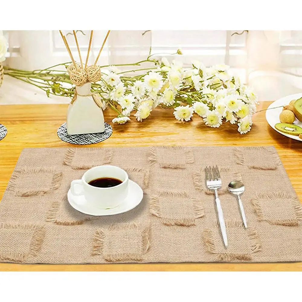 Beige Checkered Jute Placement Set Of 4