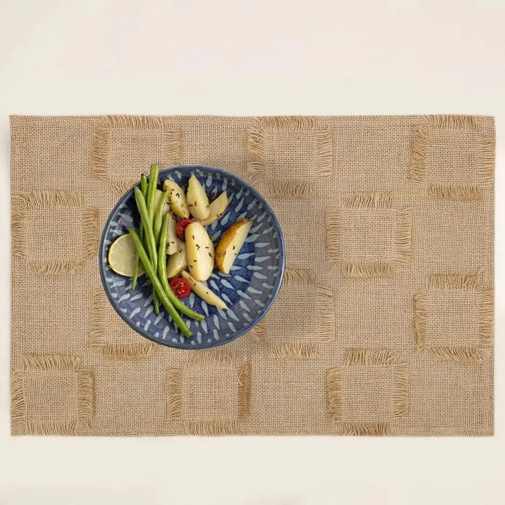 Beige Checkered Jute Placement Set Of 4