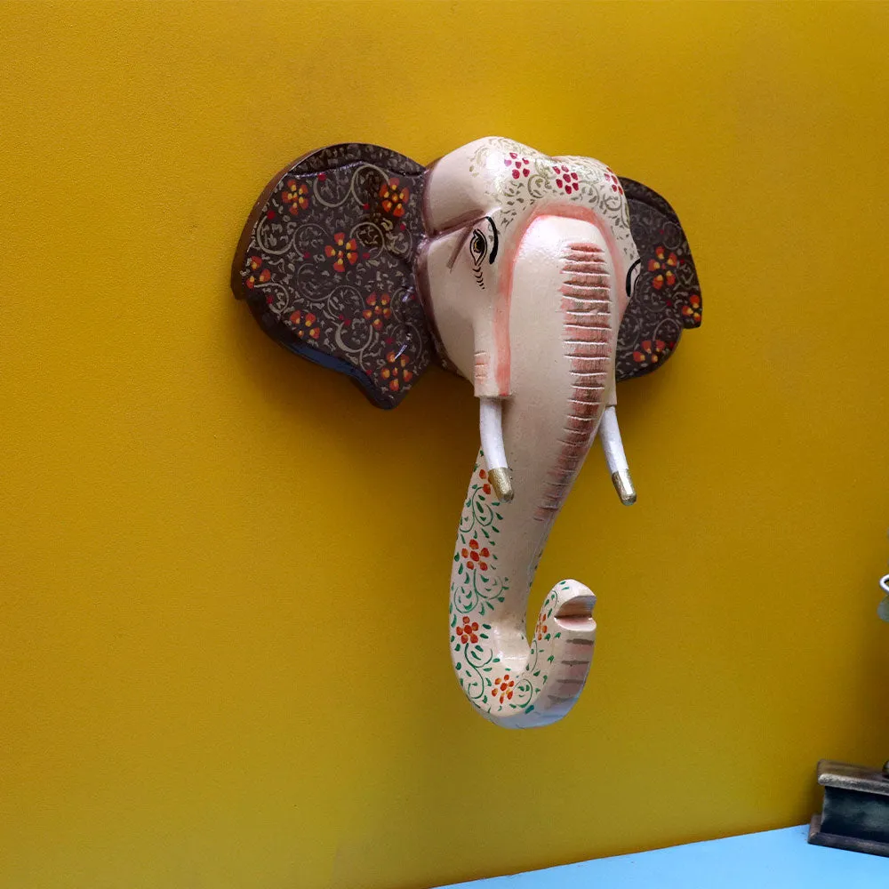 Beige Decorative Elephant Head Wooden Wall Decor