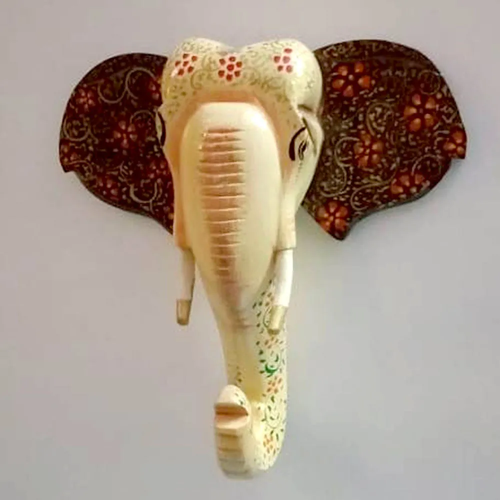 Beige Decorative Elephant Head Wooden Wall Decor