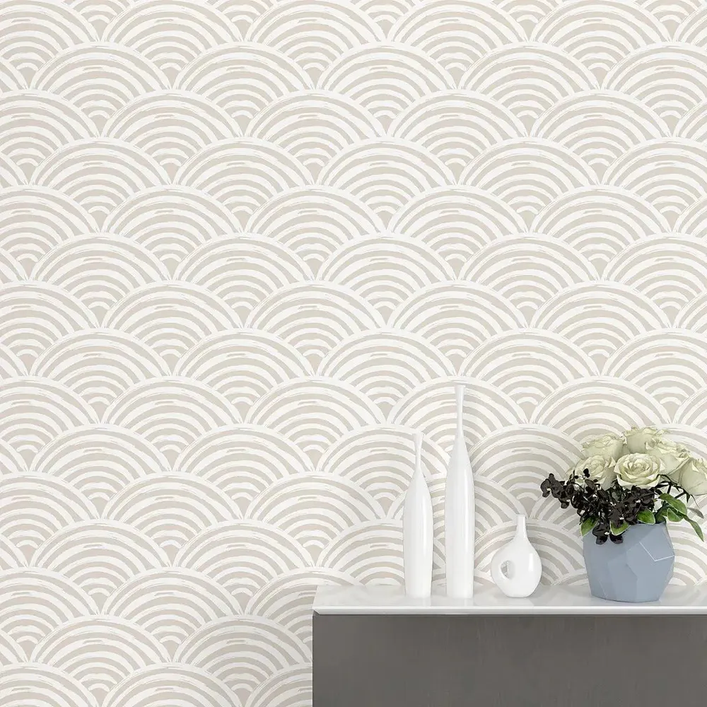 Beige Japanese Wave Sacllop Pattern Self Adhesive Wall Paper
