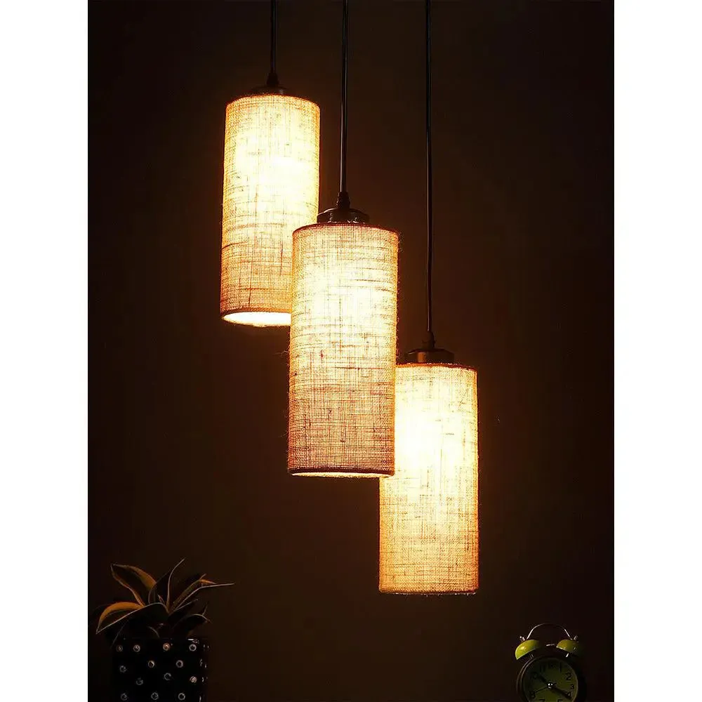 Beige Jute Cylindrical Cluster Hanging Lamp