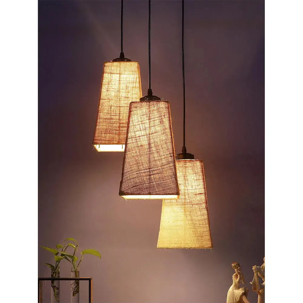 Beige Jute Pyramid Cluster Hanging Lamp