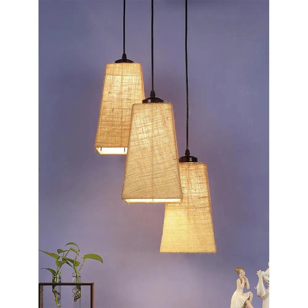 Beige Jute Pyramid Cluster Hanging Lamp