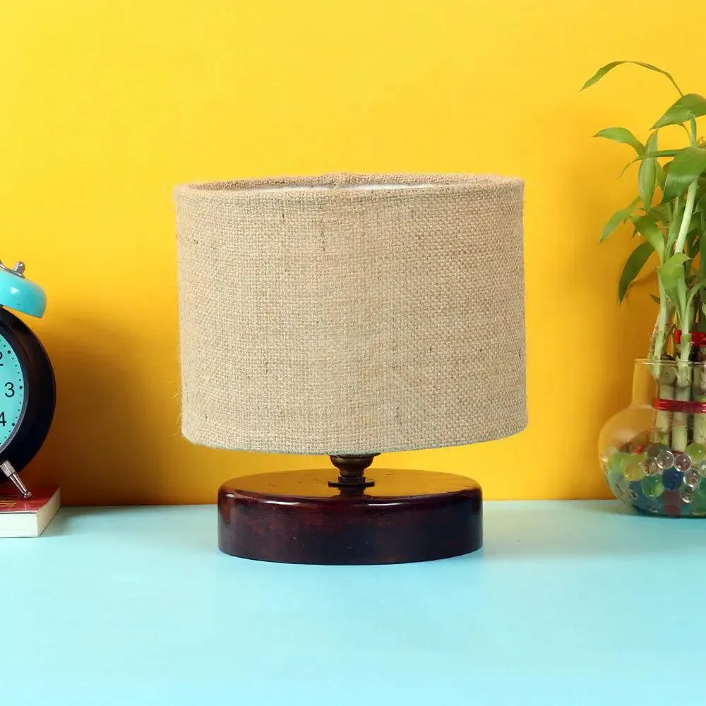Beige Jute Table Lamp with Brown Wood Base