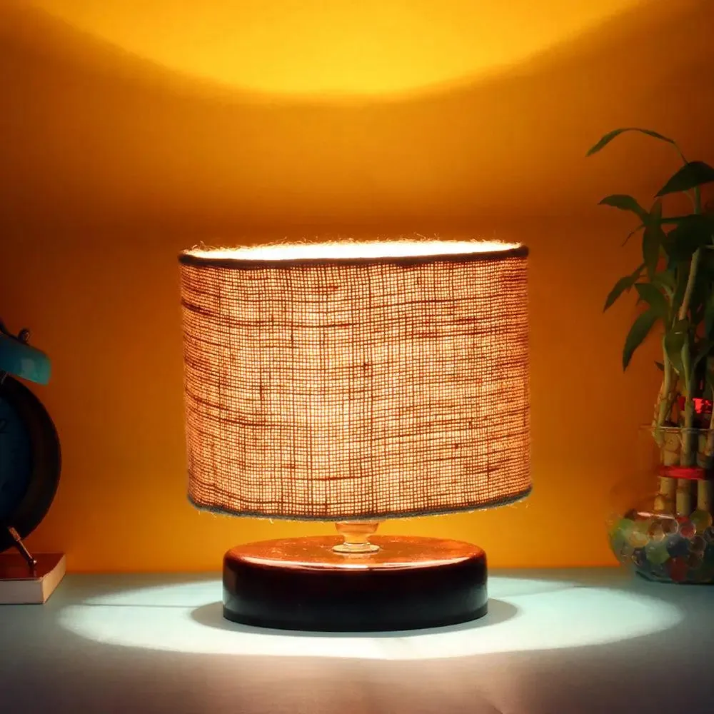 Beige Jute Table Lamp with Brown Wood Base
