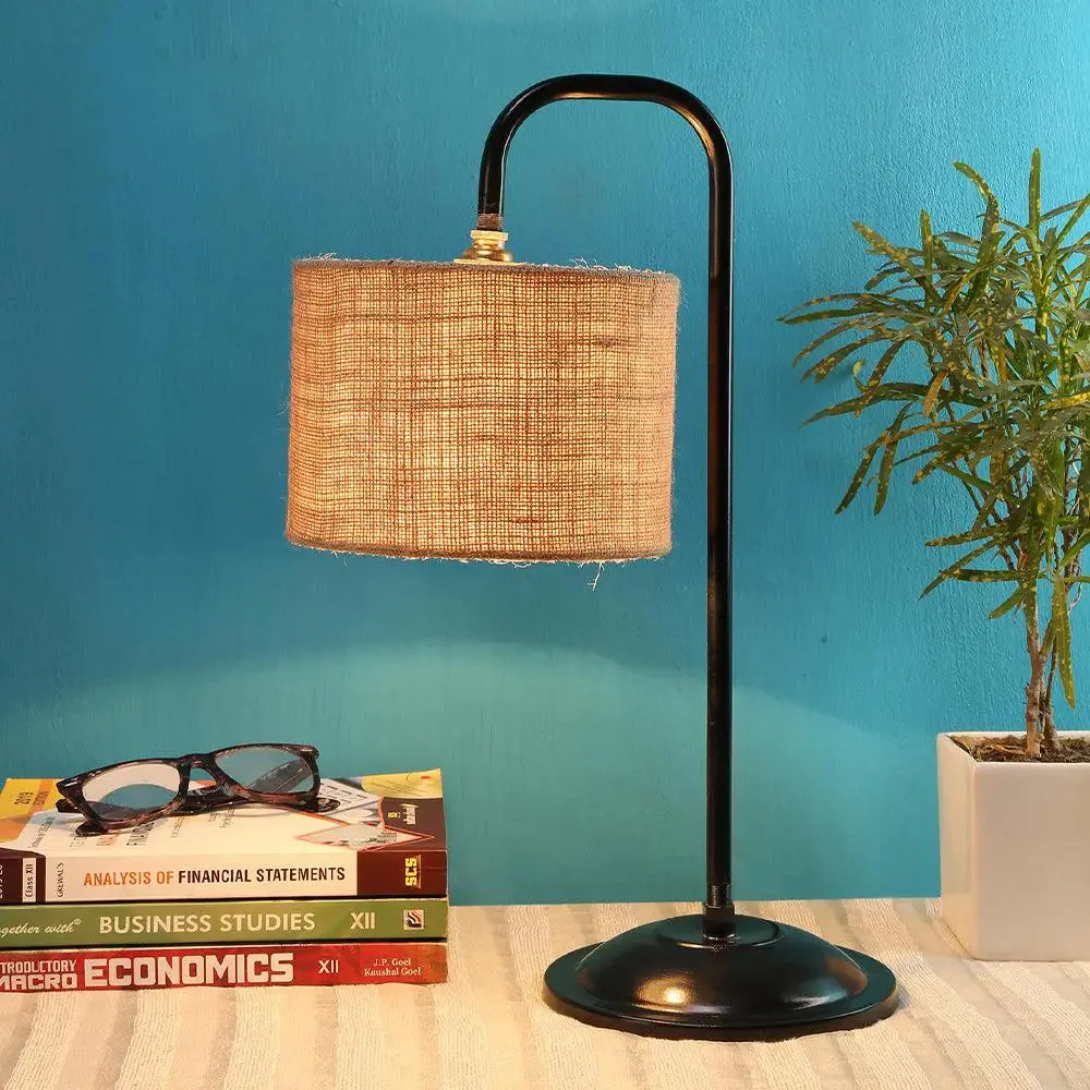 Beige Jute Table Lamp with Sleek Black Base Single Piece