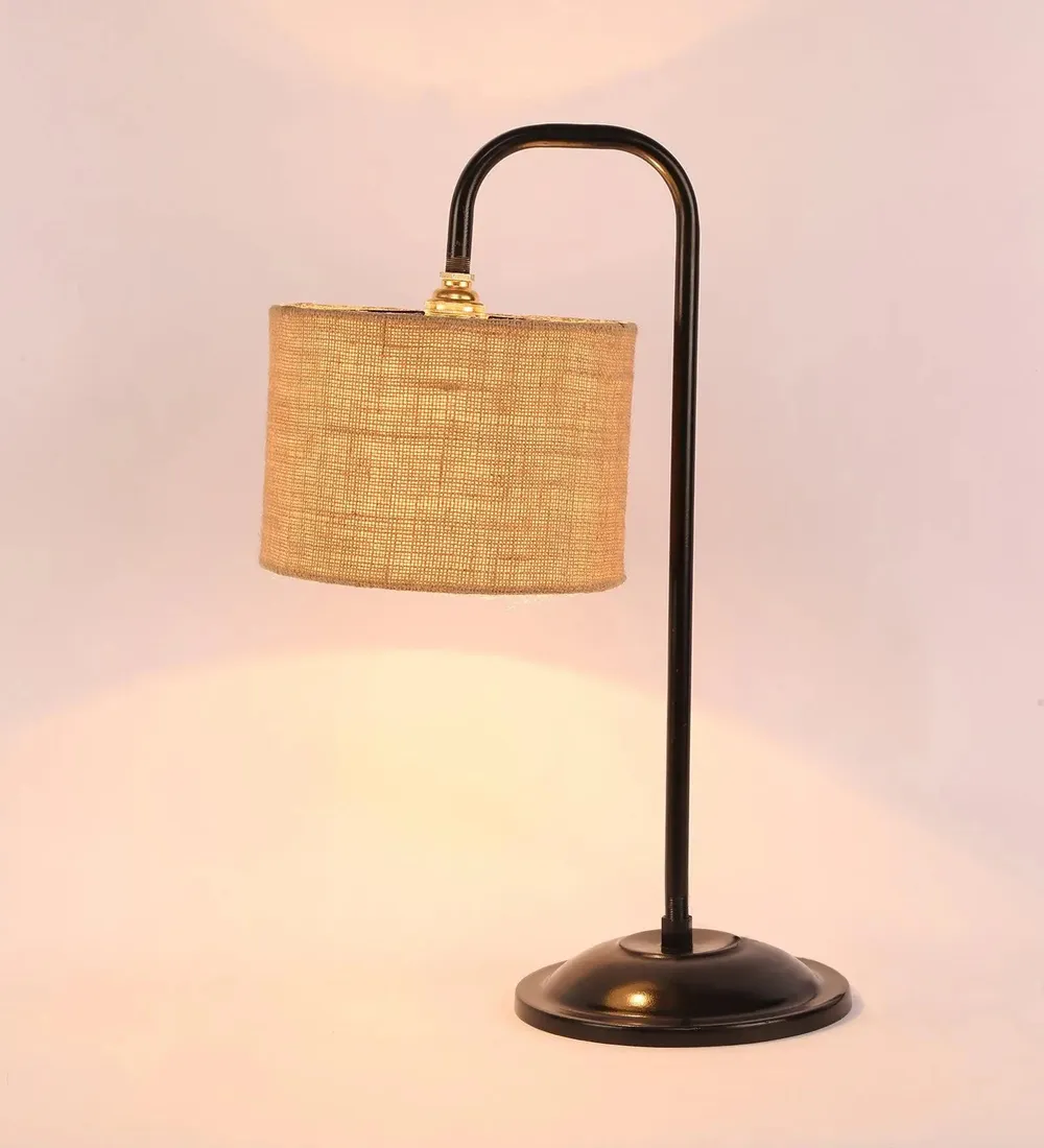 Beige Jute Table Lamp with Sleek Black Base Single Piece