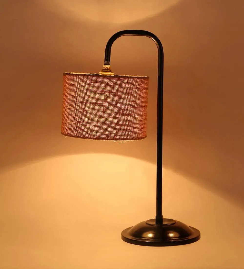 Beige Jute Table Lamp with Sleek Black Base Single Piece