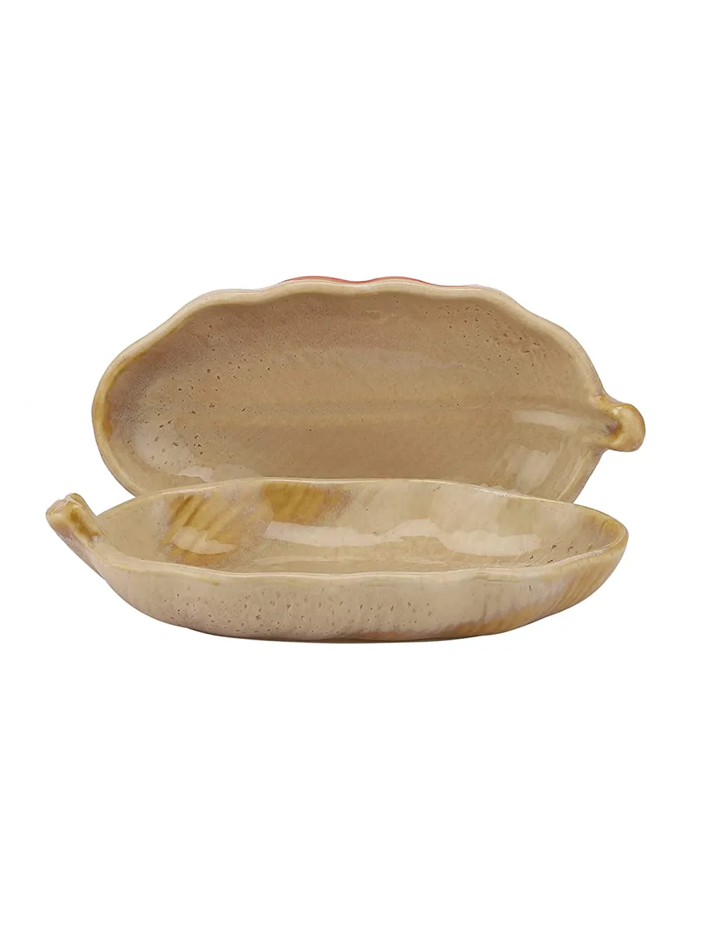 Beige Leaf Pattern Ceramic Snacks Platter Set Of 2