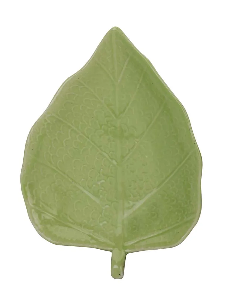 Betel Leaf Shaped Light Green Ceramic Serving Tray Set Of 2