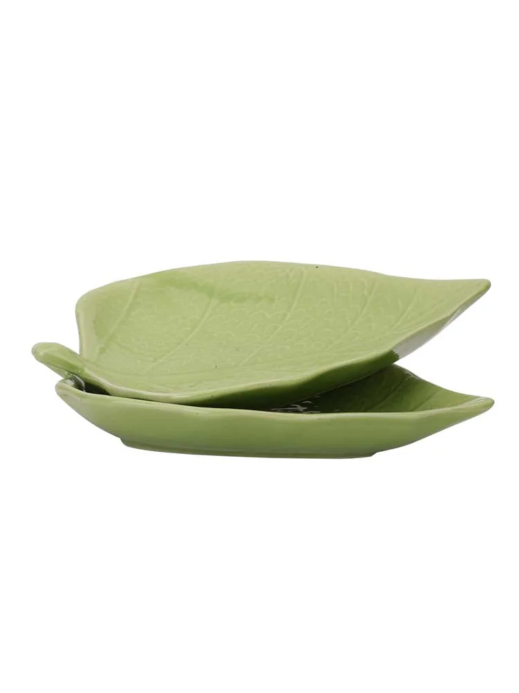 Betel Leaf Shaped Light Green Ceramic Serving Tray Set Of 2