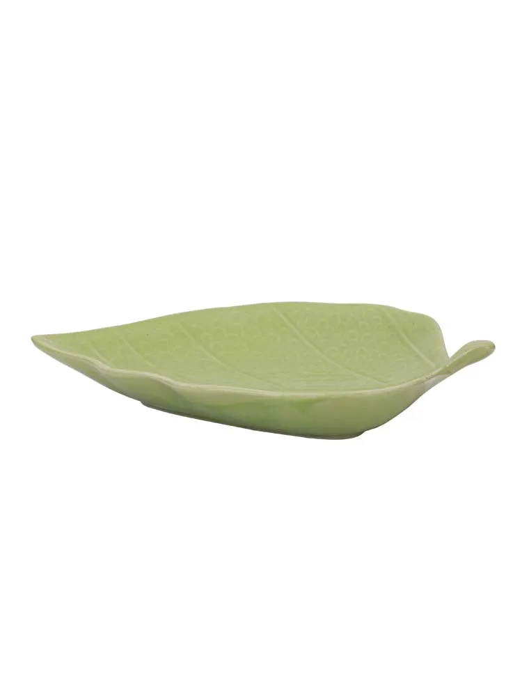 Betel Leaf Shaped Light Green Ceramic Serving Tray Set Of 2