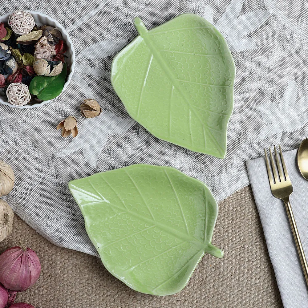 Betel Leaf Shaped Light Green Ceramic Serving Tray Set Of 2
