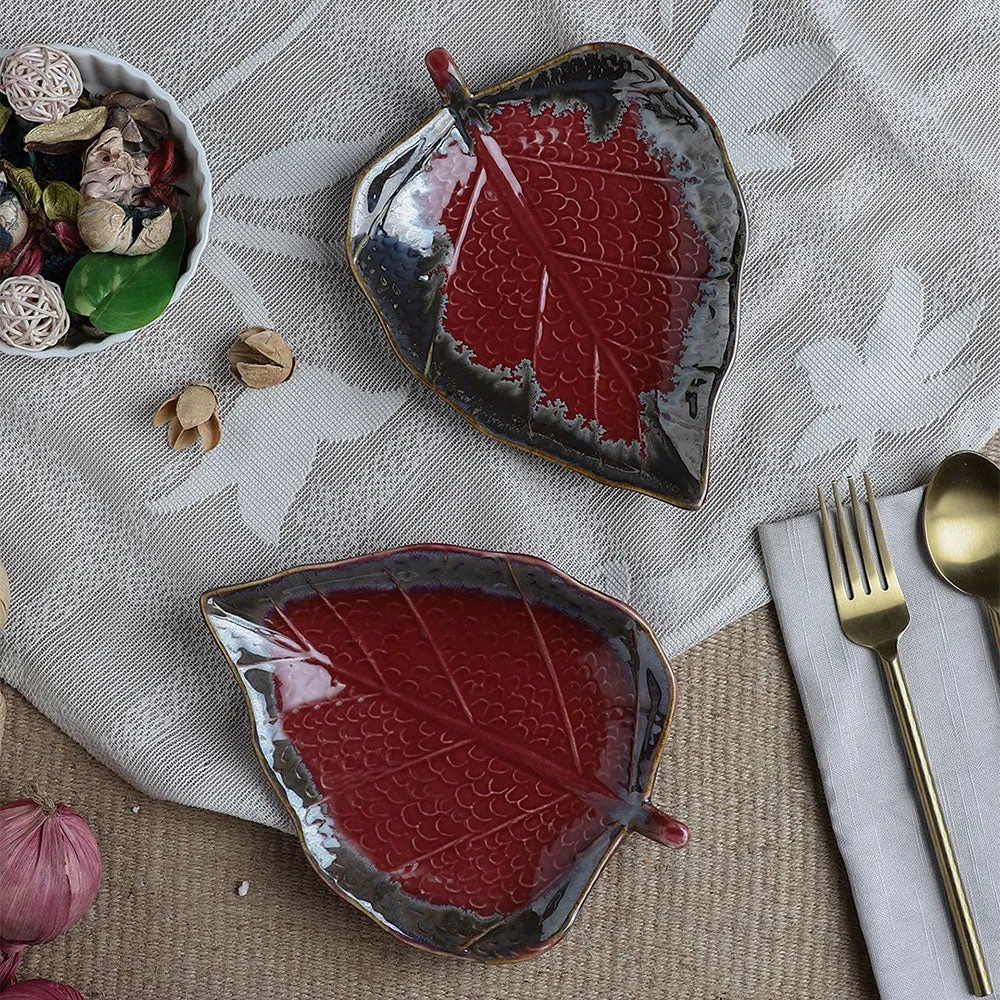 Betel Leaf Shaped Magenta Ceramic Serving Tray Set Of 2