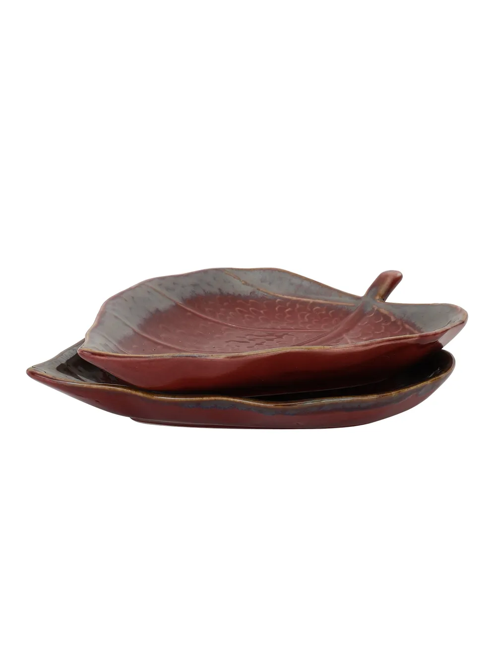 Betel Leaf Shaped Magenta Ceramic Serving Tray Set Of 2