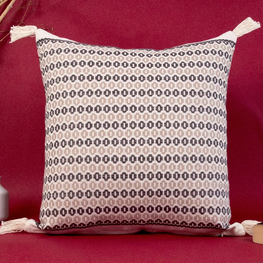 Biege Ikkat Tassle Cushion Cover