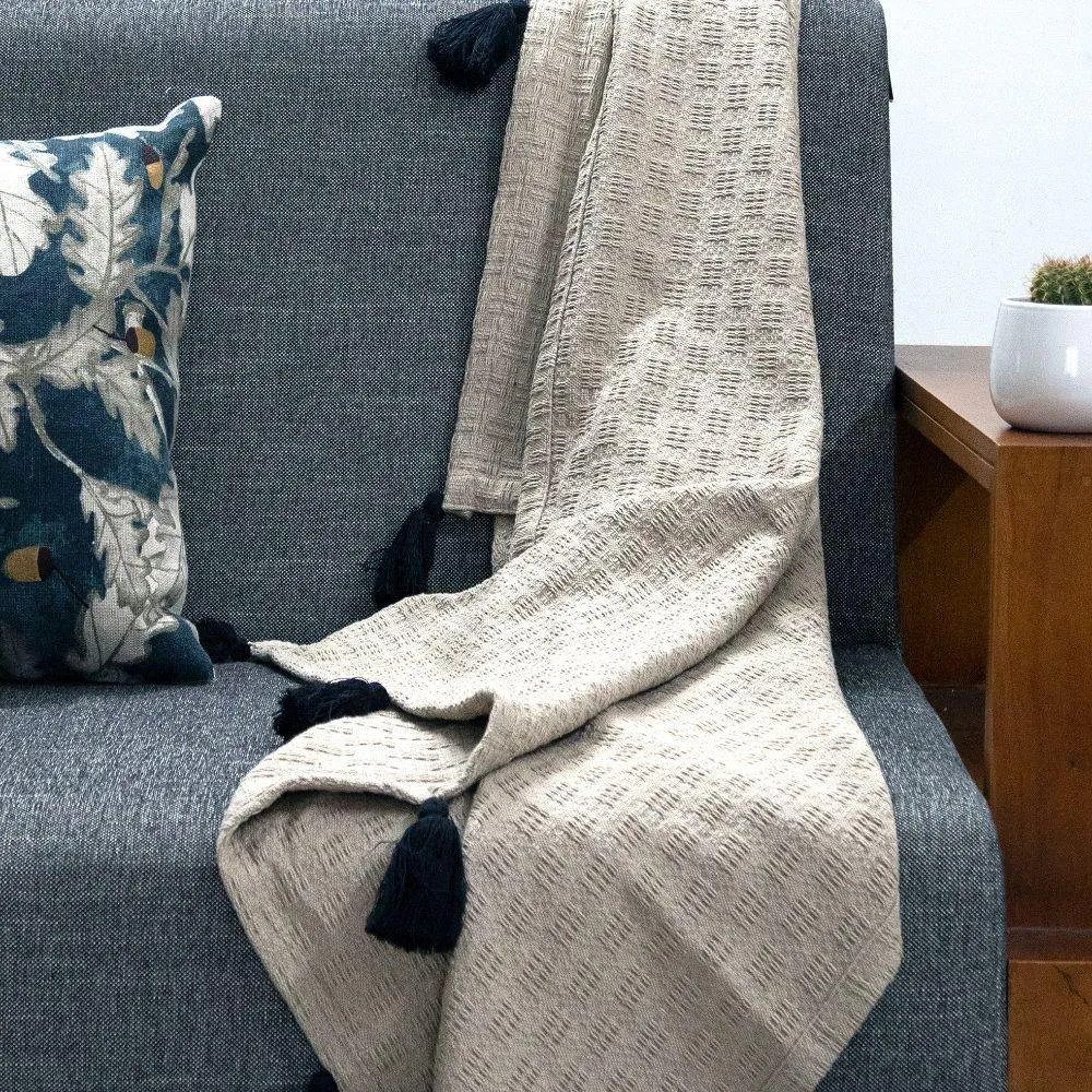 Biege Solid Tassle Cotton Blanket Throw