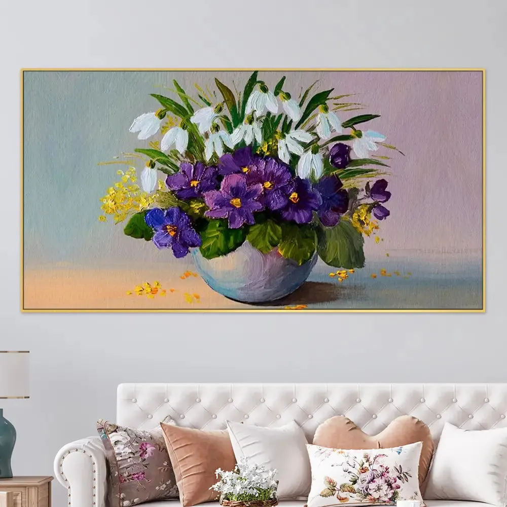 Big Panoramic A Bunch Of Flowers In A Vase Canvas Painting With Frame