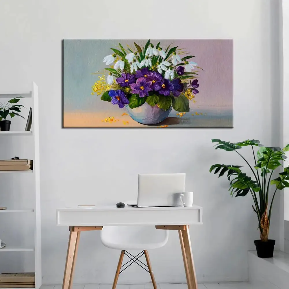 Big Panoramic A Bunch Of Flowers In A Vase Canvas Painting With Frame