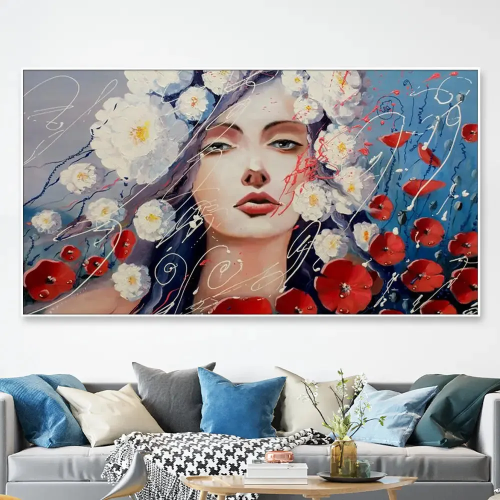 Big Panoramic Abstract Girl Face Canvas Painting With Frame