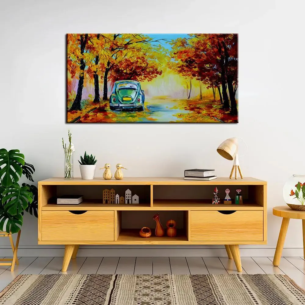 Big Panoramic Autumn forest scenery with road of fall leaves Scenery Canvas Painting With Frame