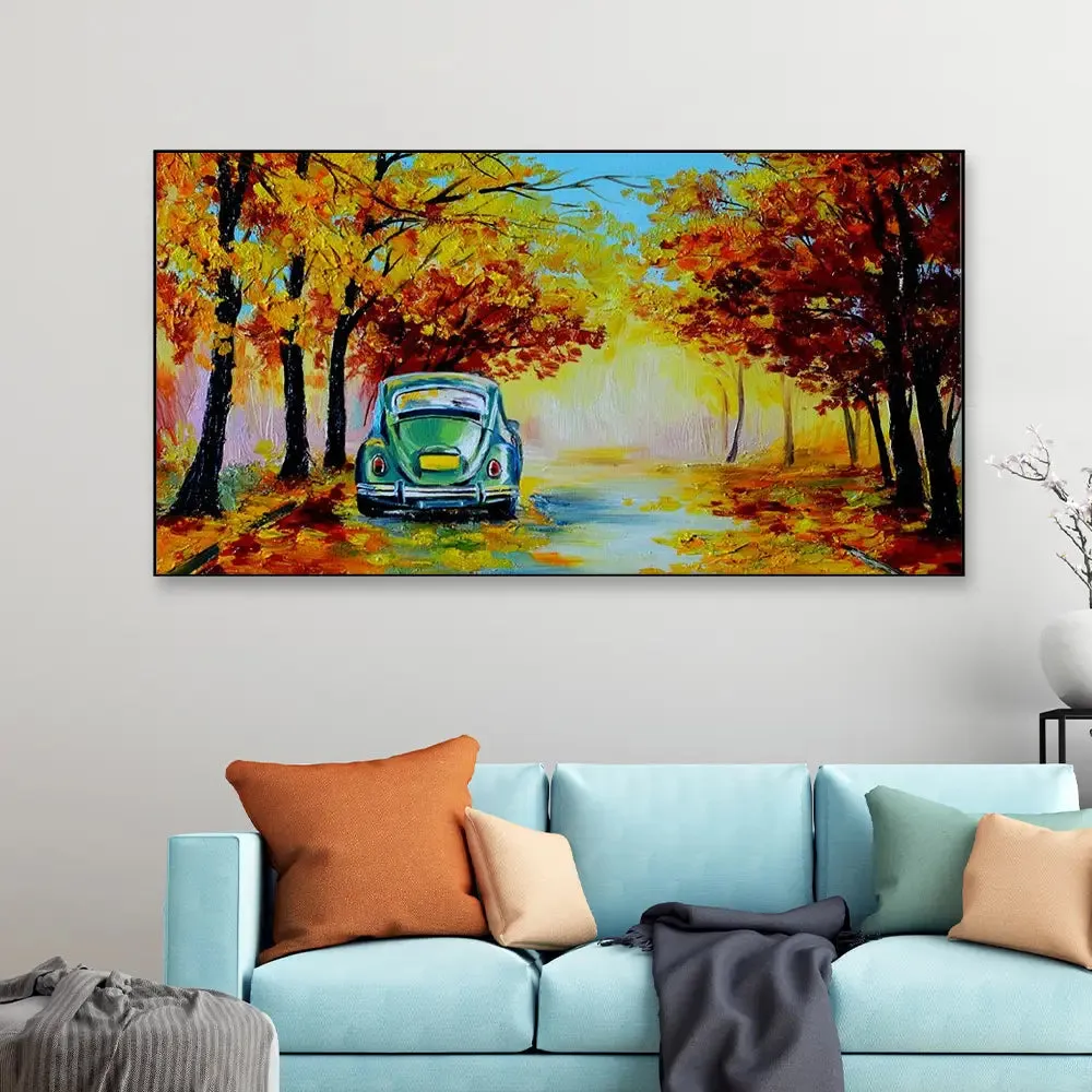 Big Panoramic Autumn forest scenery with road of fall leaves Scenery Canvas Painting With Frame