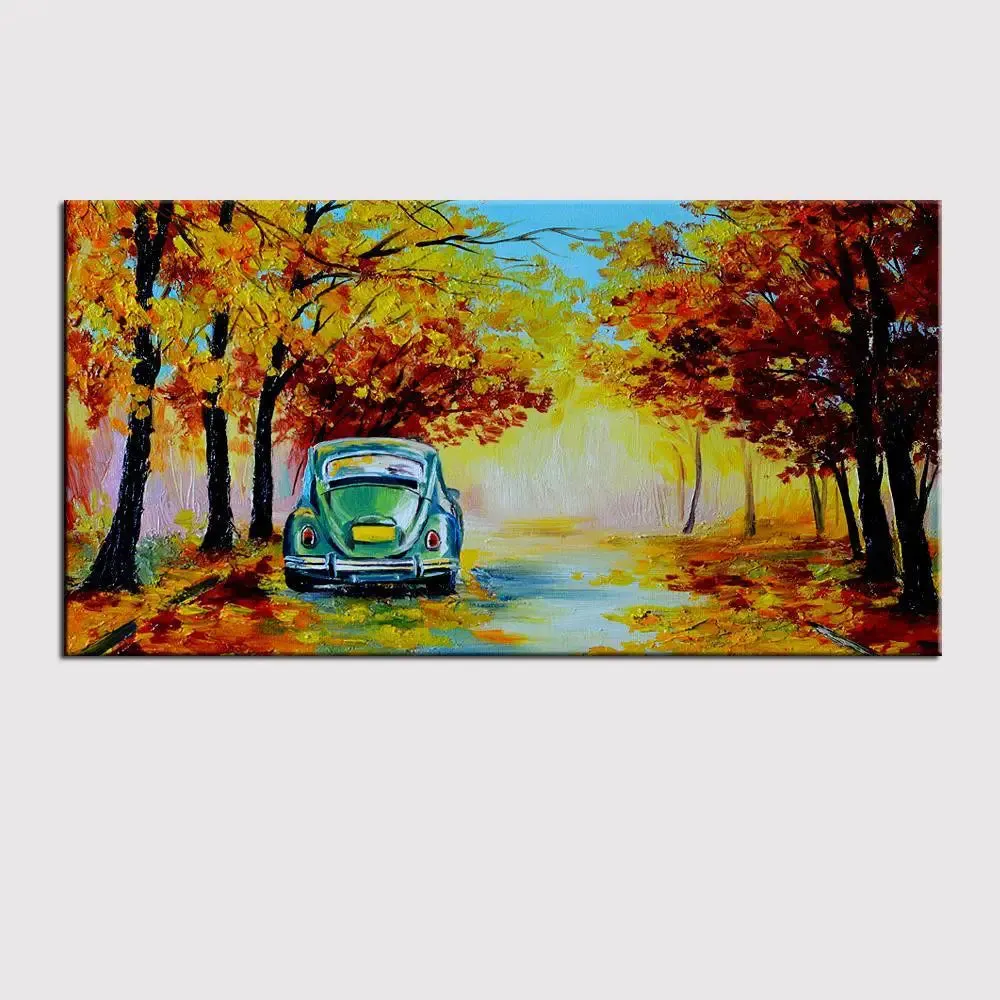 Big Panoramic Autumn forest scenery with road of fall leaves Scenery Canvas Painting With Frame