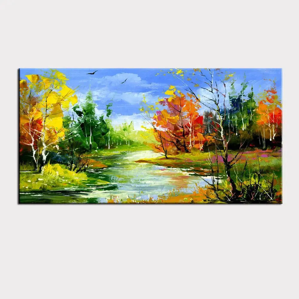 Big Panoramic Autumn Landscape with The Wood River Scenery Canvas Painting With Frame