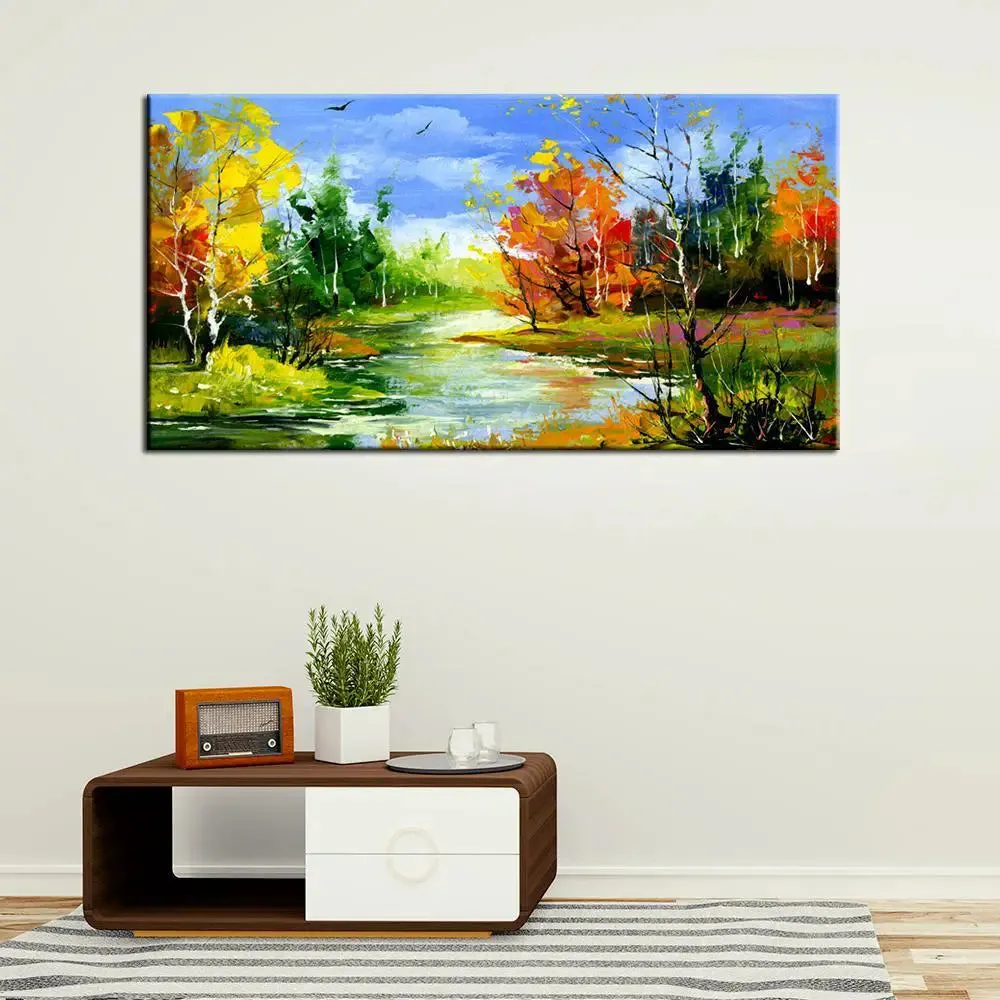 Big Panoramic Autumn Landscape with The Wood River Scenery Canvas Painting With Frame