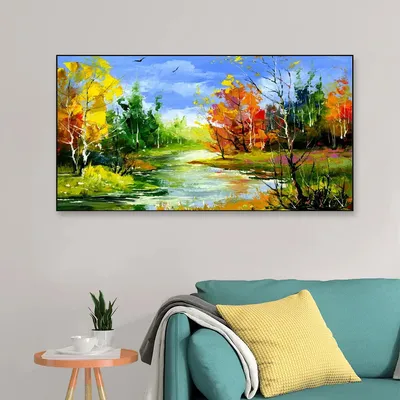 Big Panoramic Autumn Landscape with The Wood River Scenery Canvas Painting