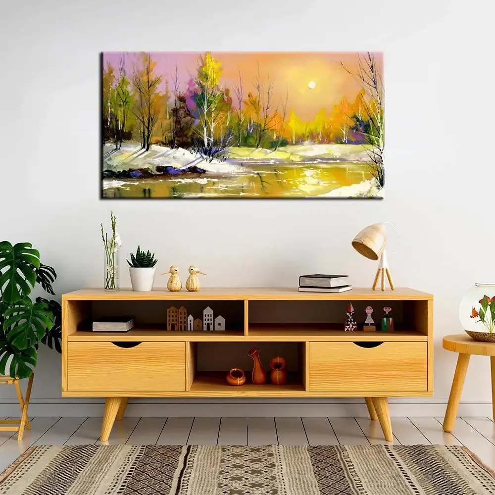 Big Panoramic Beautiful Autumn Sunrise On The River Canvas Painting With Frame