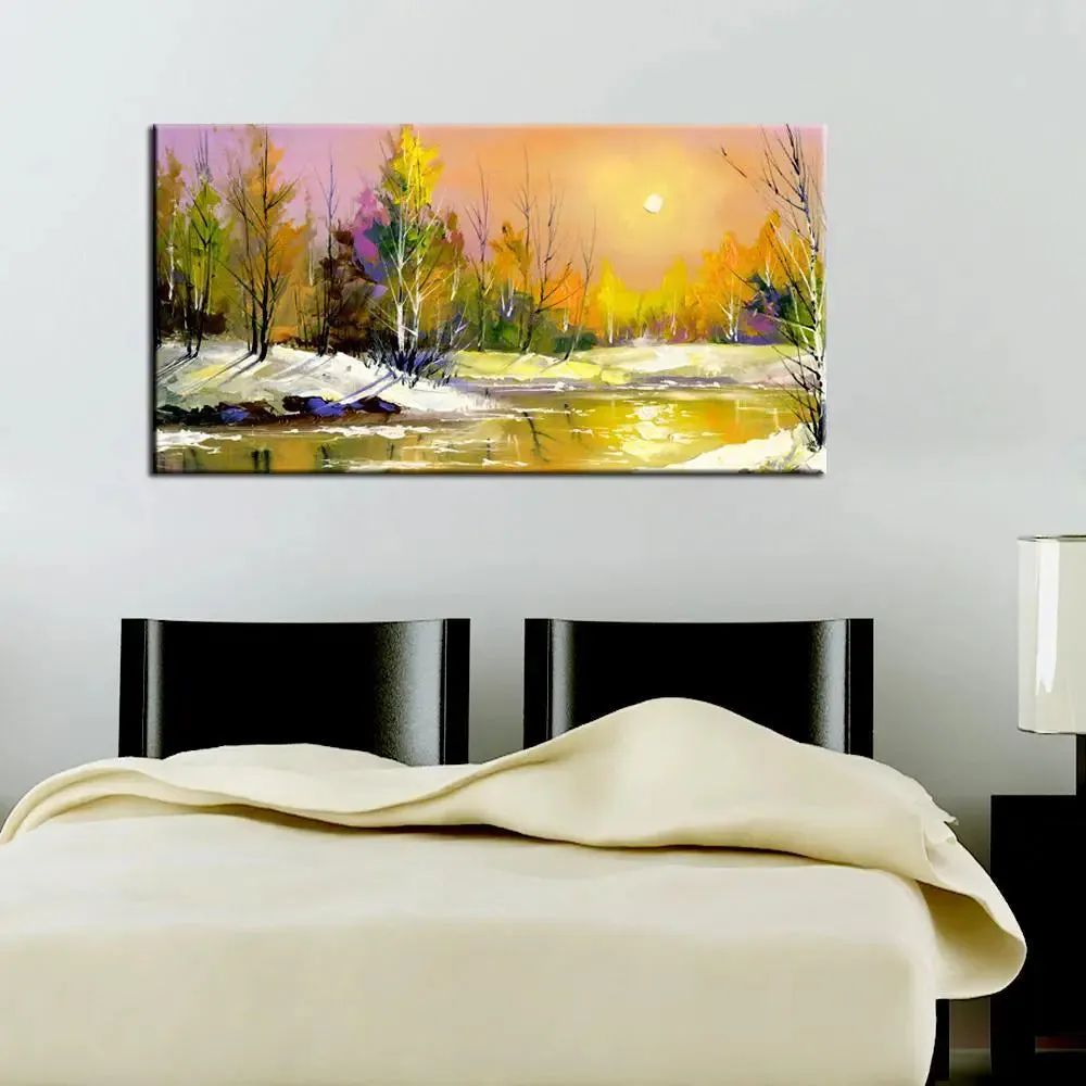 Big Panoramic Beautiful Autumn Sunrise On The River Canvas Painting With Frame