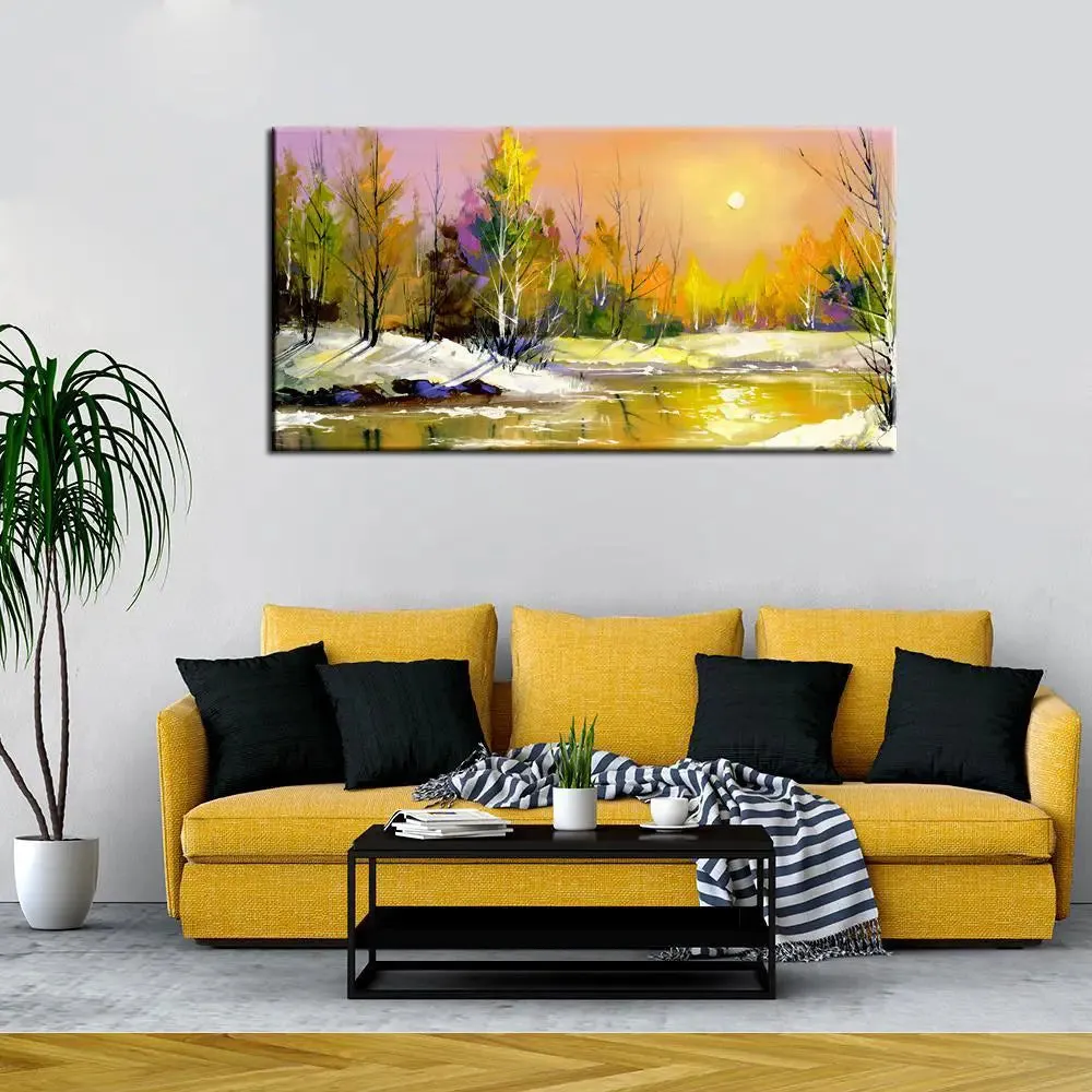 Big Panoramic Beautiful Autumn Sunrise On The River Canvas Painting With Frame