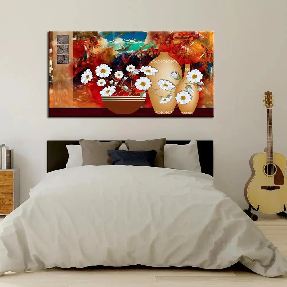 Big Panoramic Beautiful Chandramalika white flower with Modern Art Canvas Painting With Frame