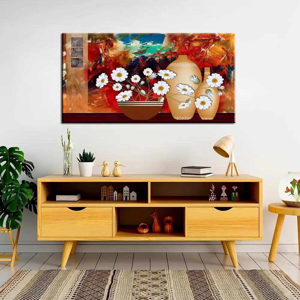 Big Panoramic Beautiful Chandramalika white flower with Modern Art Canvas Painting With Frame