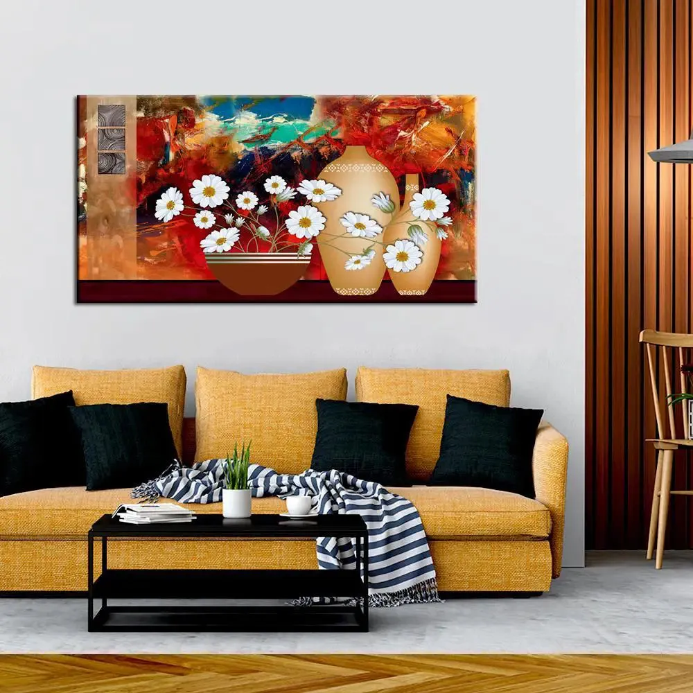 Big Panoramic Beautiful Chandramalika white flower with Modern Art Canvas Painting With Frame